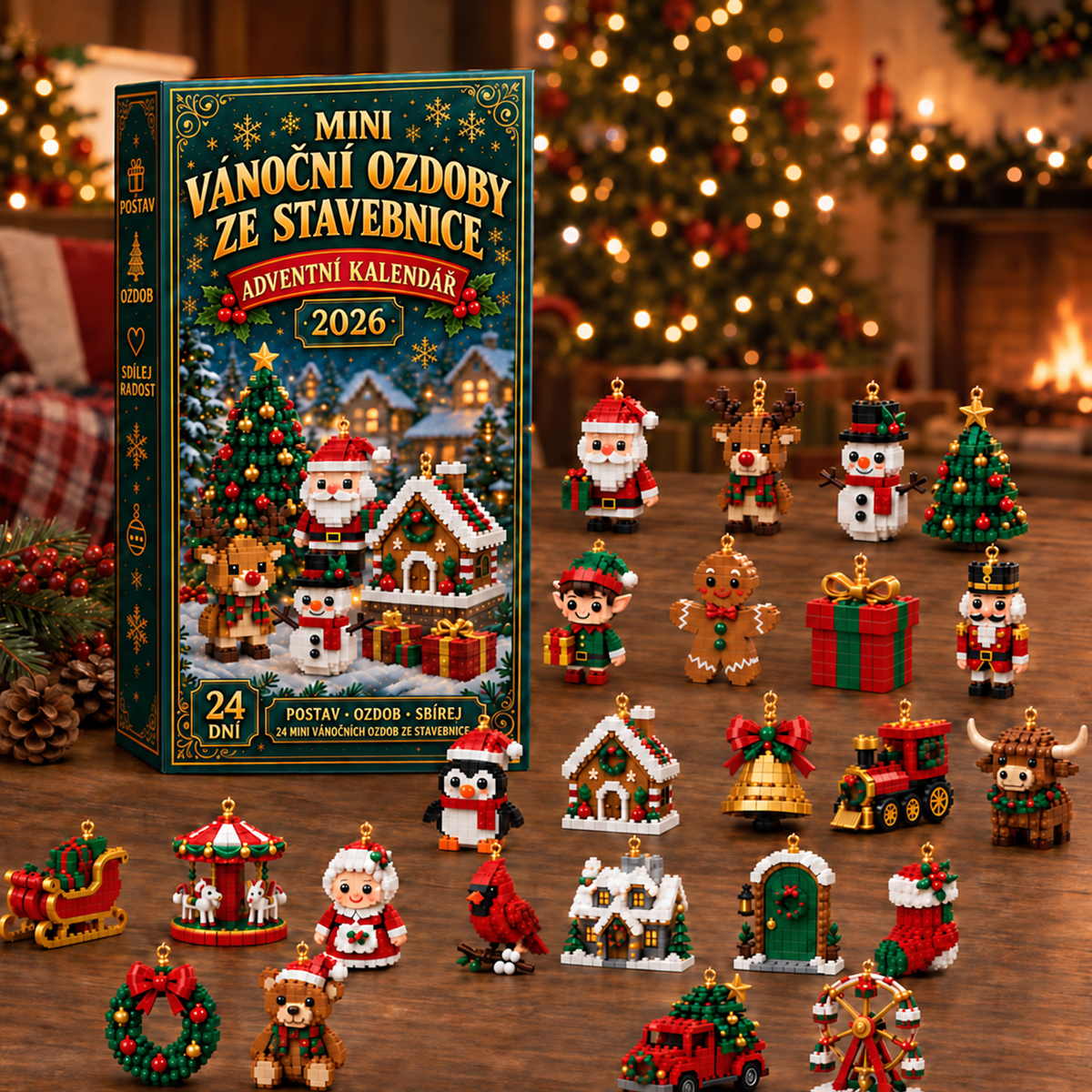 Adventní kalendář s 24 mini vánočními ozdobami ze stavebnice