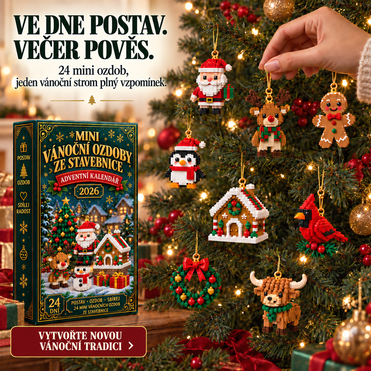 Adventní kalendář s 24 mini vánočními ozdobami ze stavebnice