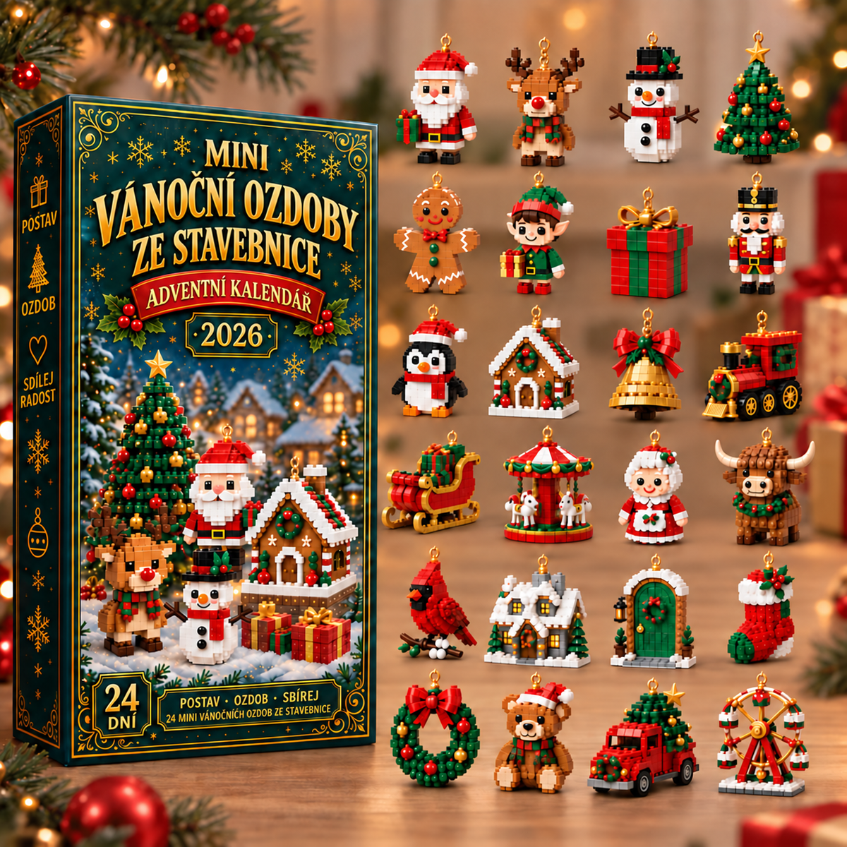 Adventní kalendář s 24 mini vánočními ozdobami ze stavebnice