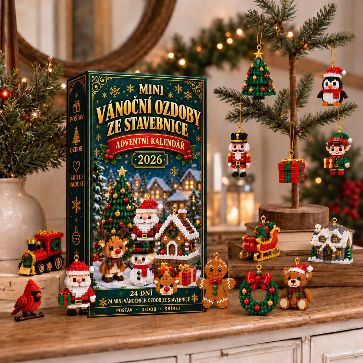 Adventní kalendář s 24 mini vánočními ozdobami ze stavebnice